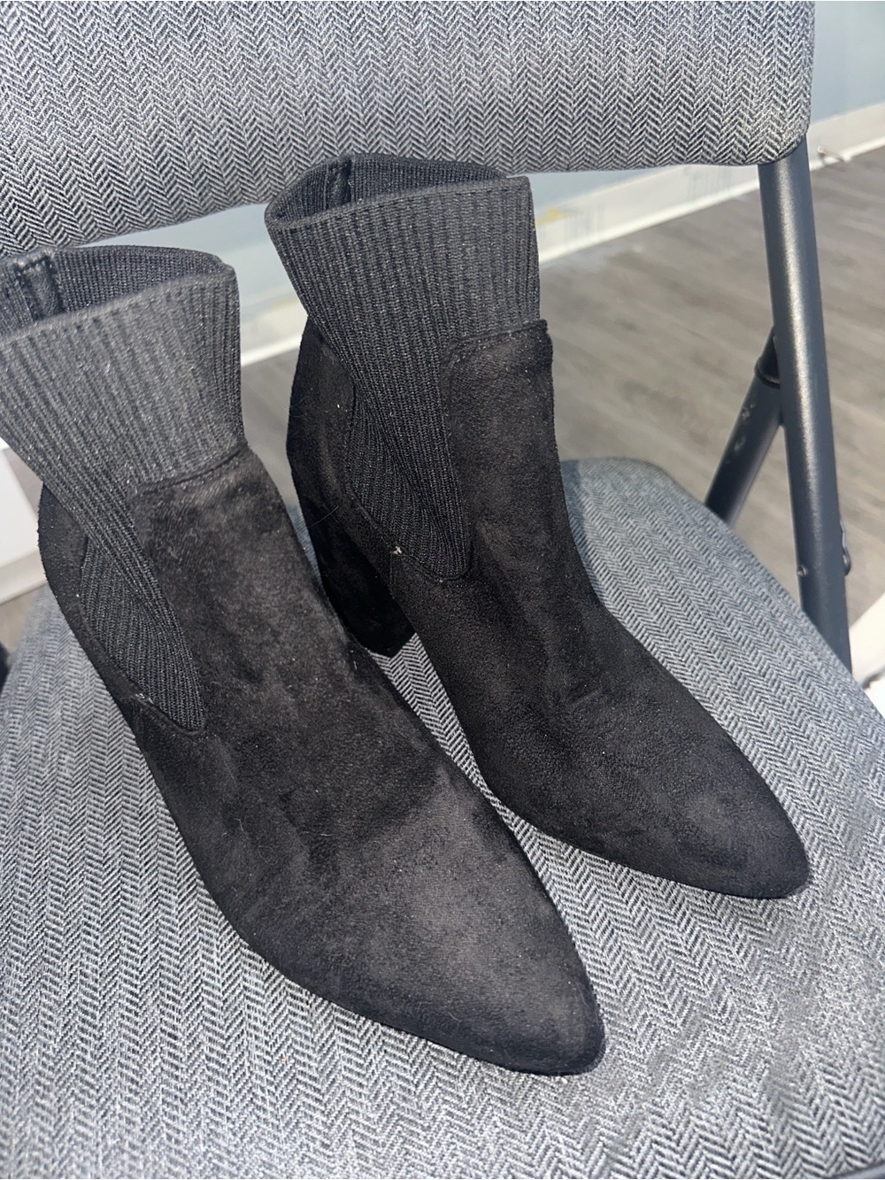 Black Suede Pointed-Toe Ankle Boots with Knit Shaft